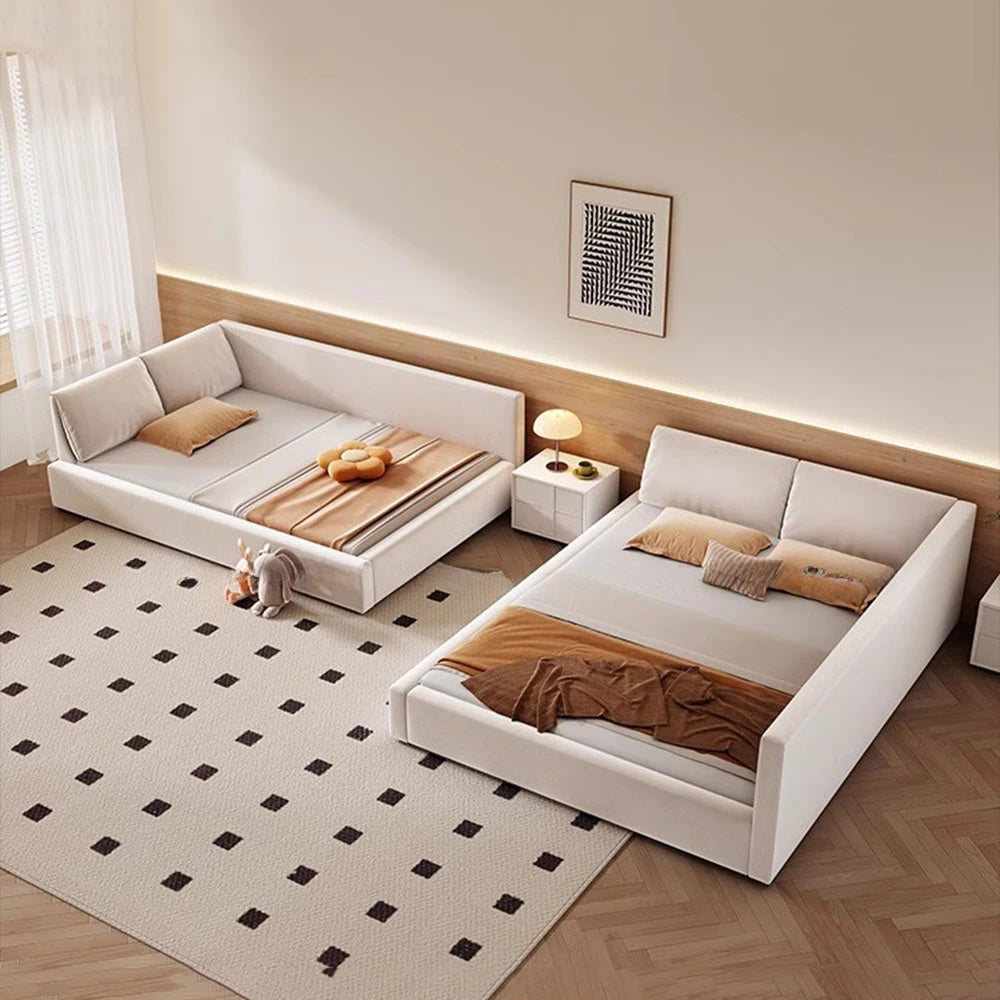 lit plateforme modulaire blanc crème moderne coussins tapis géométrique 180x200cm chambre scandinave