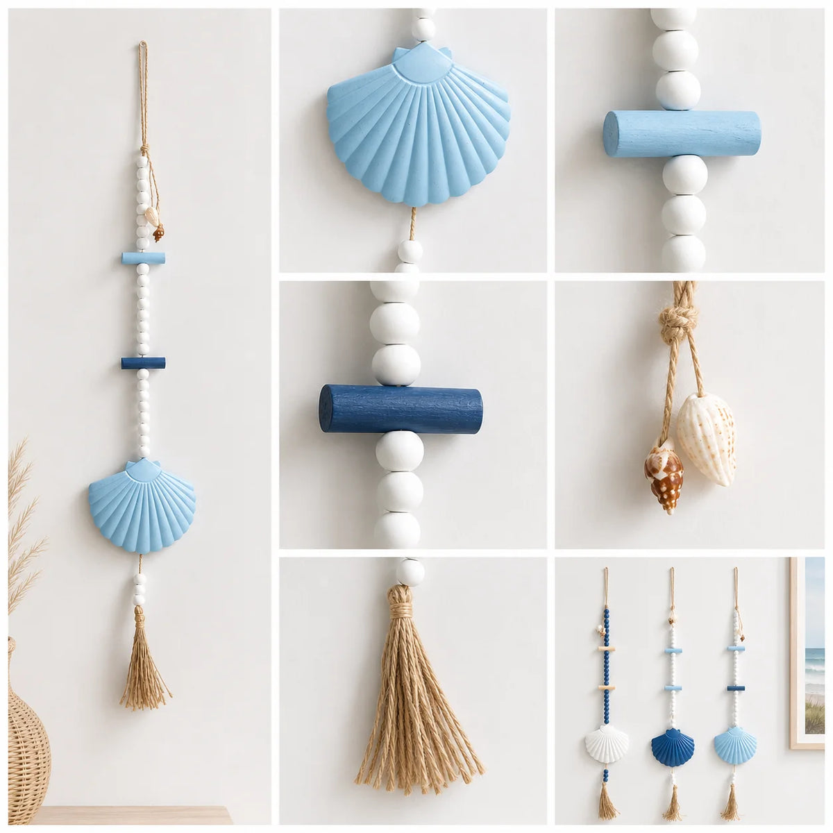 décoration murale bohème coquillages pompons blanc bleu marine chambre salon