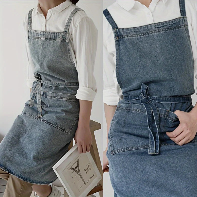 tablier bleu denim coton robuste bretelles réglables poche devant rustique cuisine pâtisserie