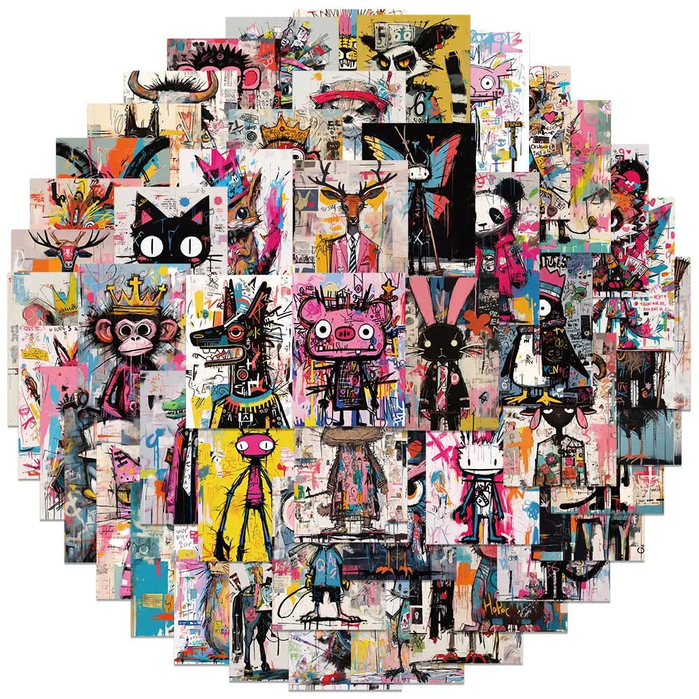 autocollants animaux multicolores pop art réutilisables 50 pièces vinyle imperméables porte carte téléphone ordinateur