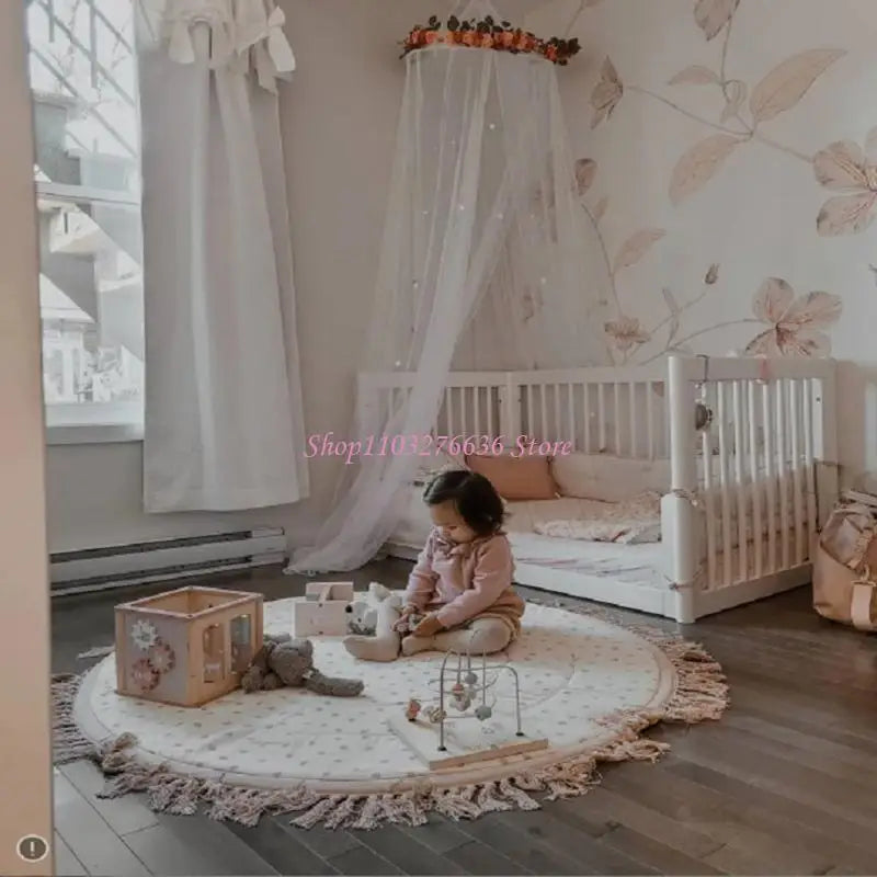 tapis jeu bébé beige points noirs franges moderne éducatif coton doux sol enfant activités