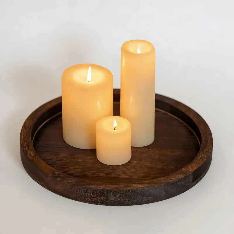 plateau bois rustique marron grain naturel bouquet artificiel bougies led automne decoration interieur salon