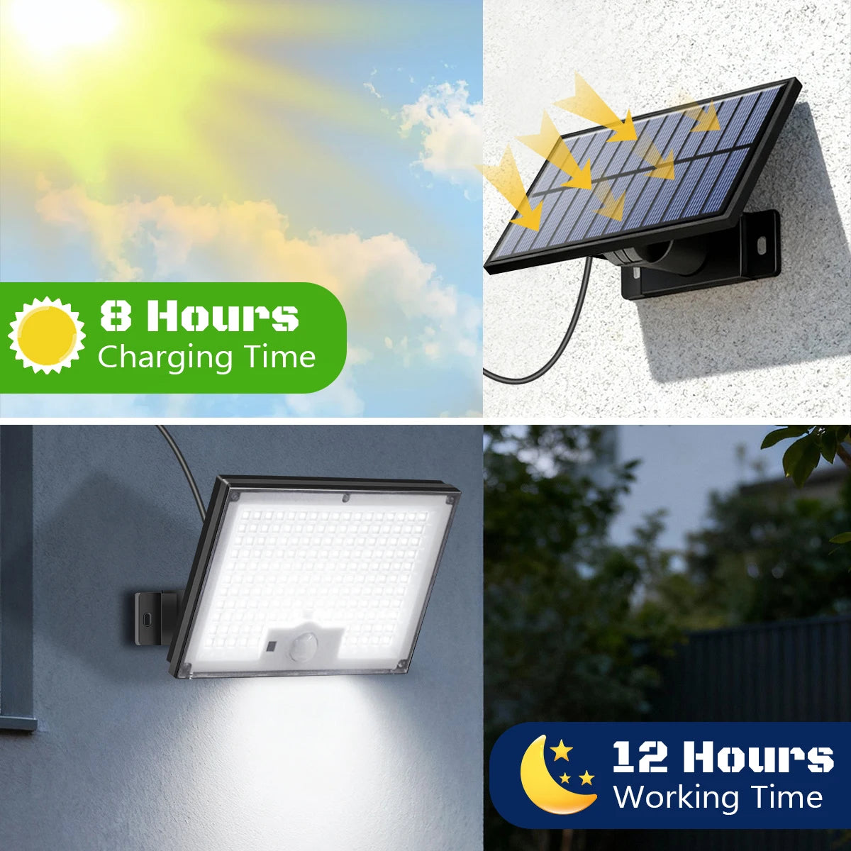 projecteur solaire led ip65 mural moderne modes 8h charge 12h éclairage
