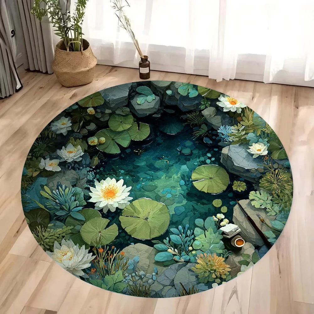 tapis rond paysage aquatique nénuphars carpes koï réaliste moderne salon chambreextérieur