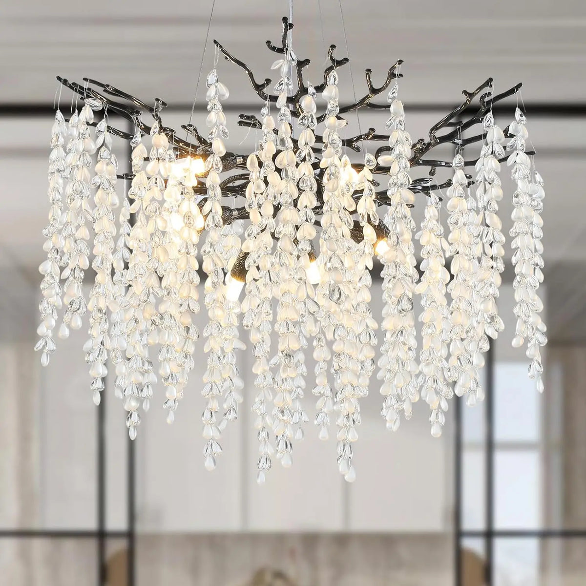 lustre moderne cristal noir translucides nordique contemporainbranches stylisées lumière led télécommande