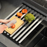 tapis cuisine pliable acier inoxydable noir gris rayures horizontales moderne multifonctionnel égouttoir pliableversible
