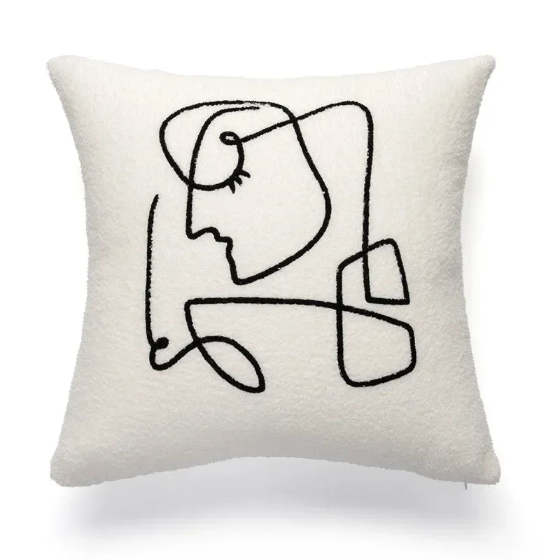 coussin abstrait brodé visages blanc moderne nordique 45x45cm decoration canapé chaise véhicule