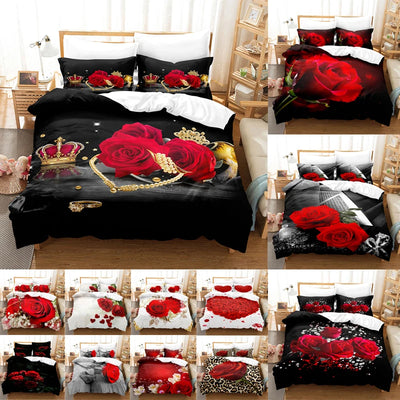 Housse de couette roses rouges 3D sur lit King taille