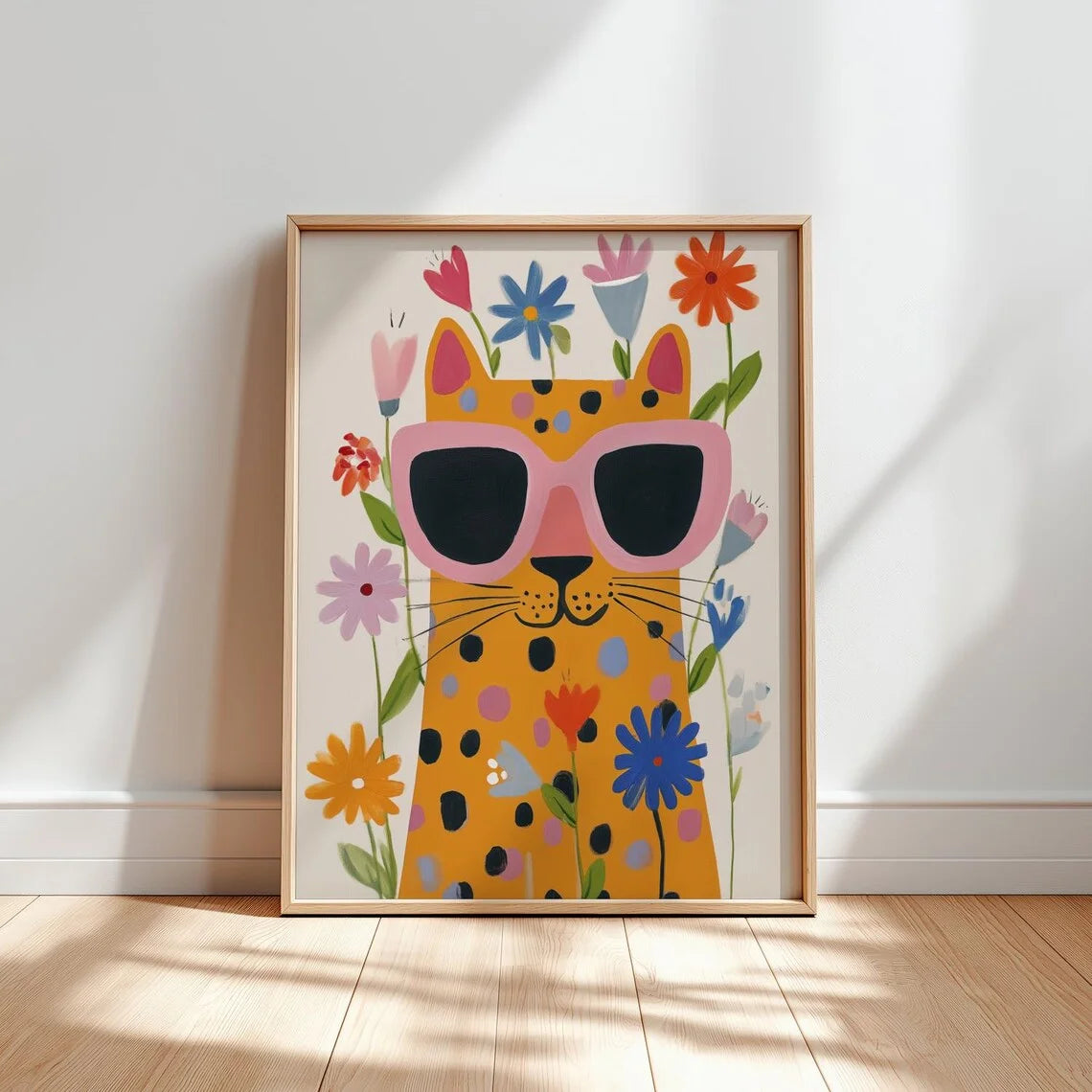 affiche murale chat lunettes fleurs colorée moderne blanche rose bleue verte orange jaune rougeviolette