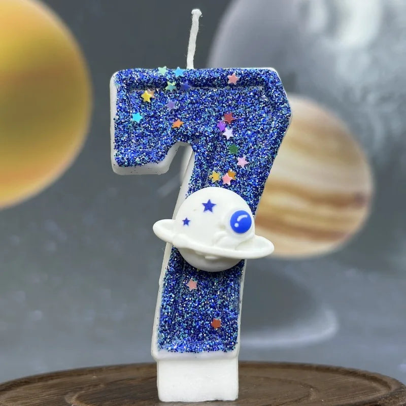 bougies numéraires bleu pailleté motif étoiles thème espace anniversaire mariage fiançailles tringle
