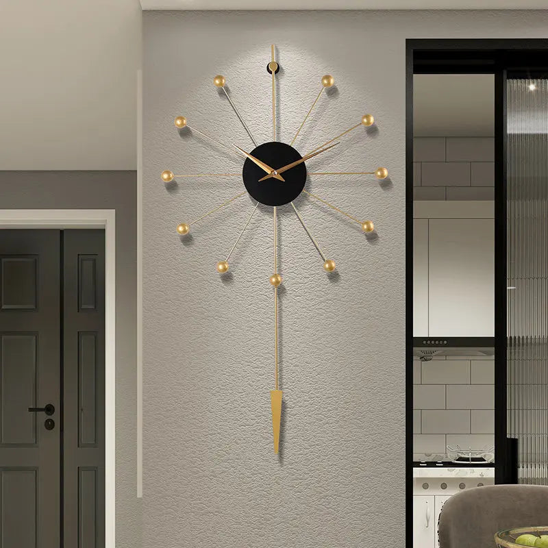 horloge murale moderne or noir structure radiale aiguille métal unique salon