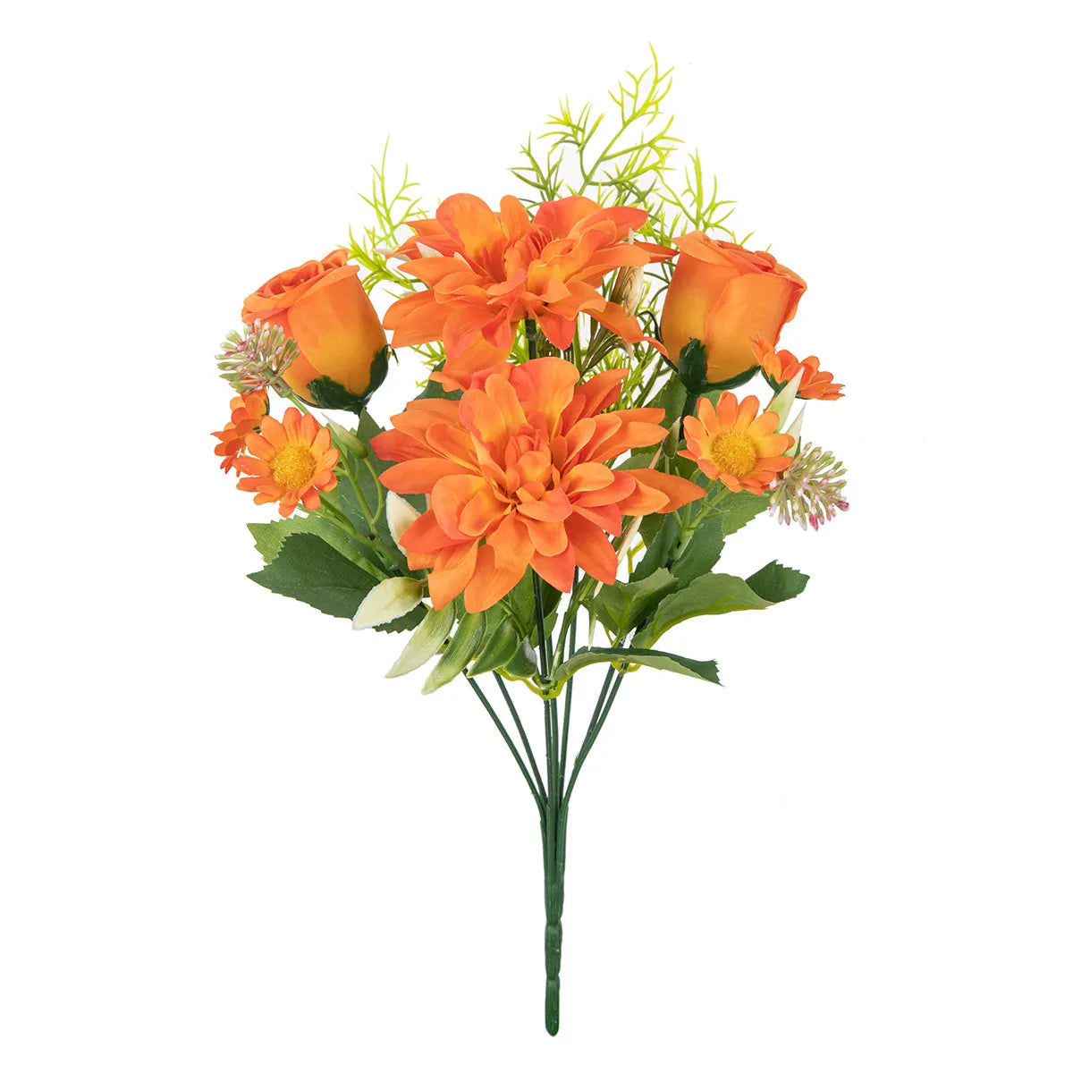 bouquet fleurs artificielles rose clair blanc orange violet dahlia marguerites feuilles vertes réaliste décoration