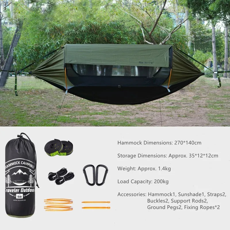 hamac extérieur adulte vert olive noir moderne moustiquaire sac rangement cordon suspension tiges support