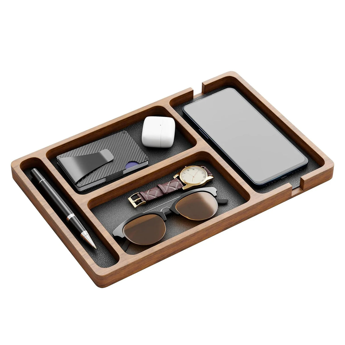 boîte rangement bois compartiments marron moderne stylo portefeuille smartphone montre câble usb