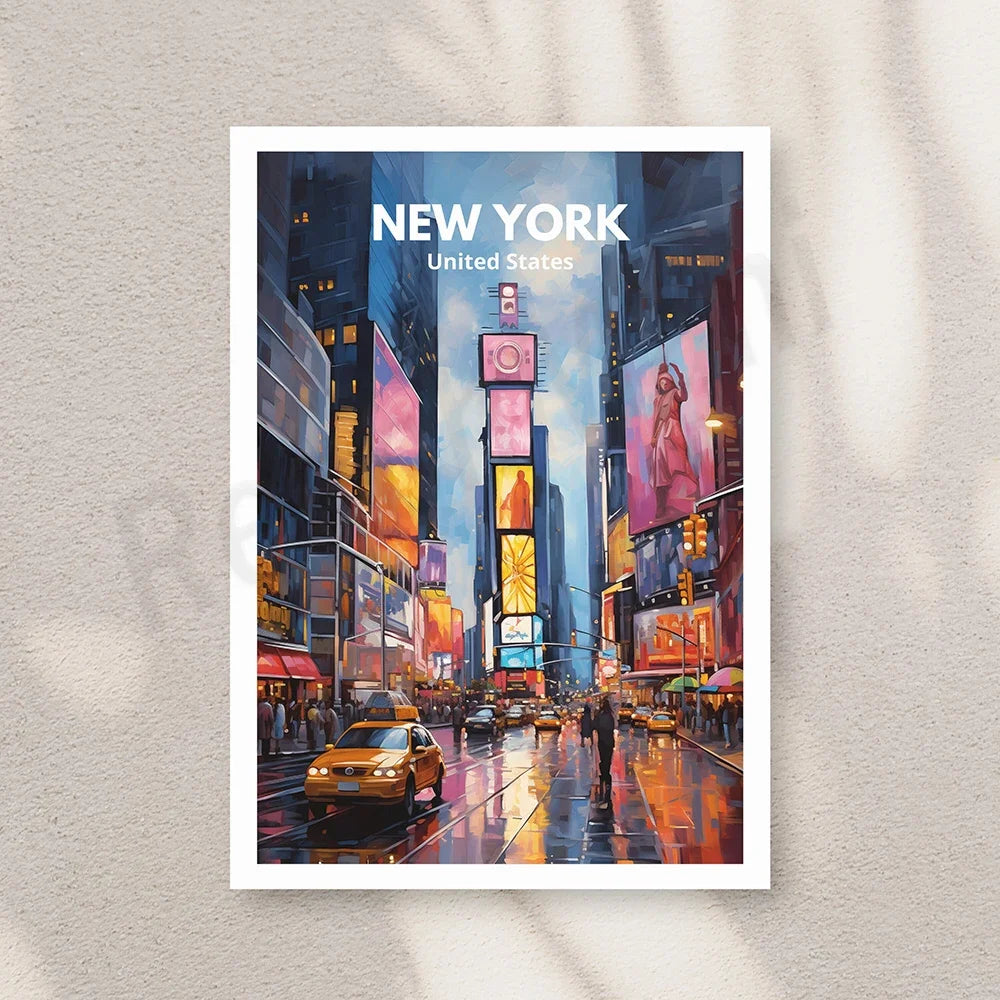 New York, une ville vibrante et lumineuse, avec ses gratte-ciels, ses taxis jaunes et son ambiance urbaine caractéristique, dans une scène colorée et dynamique.