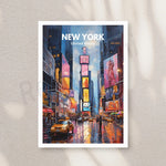 New York, une ville vibrante et lumineuse, avec ses gratte-ciels, ses taxis jaunes et son ambiance urbaine caractéristique, dans une scène colorée et dynamique.