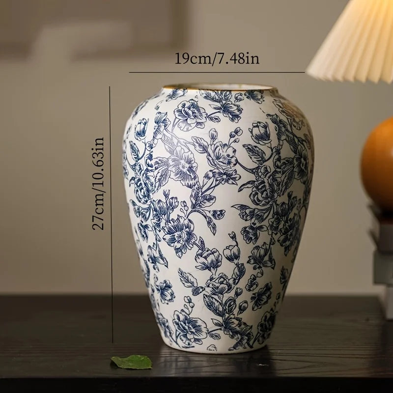 vase ceramic blanc bleu fleurs stylisées classique vintage table cylinder