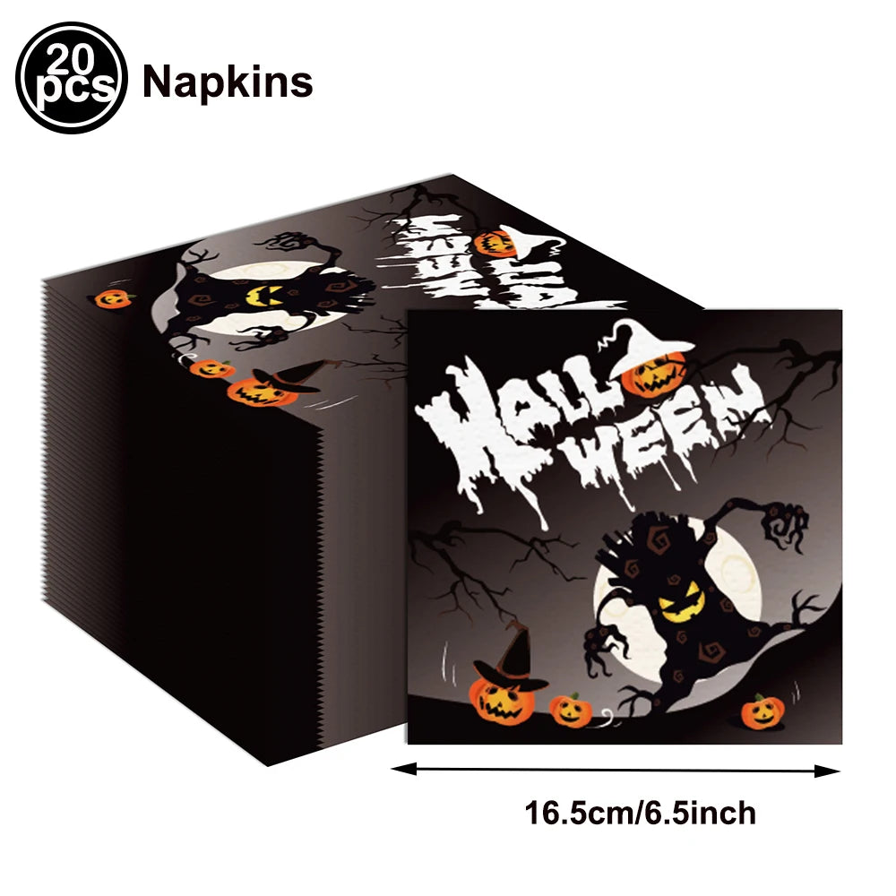 serviettes papier halloween motifs citrouille fantôme crâne main ensanglantée sorcière chauve souris cocktail