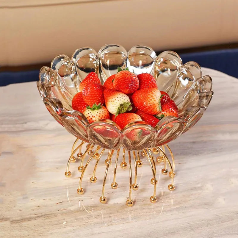 bol fruits verre transparent motifs pétales dorés élégants classique moderne phục vụ trái cây