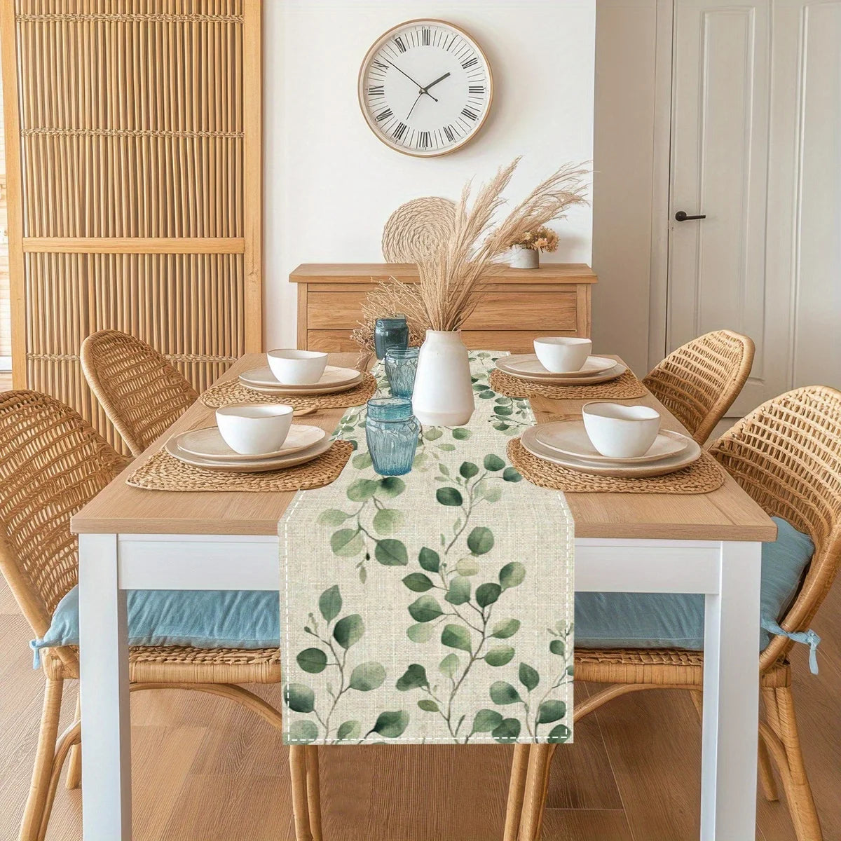 table chevet chemin table lin feuilles eucalyptus vertes moderne naturel