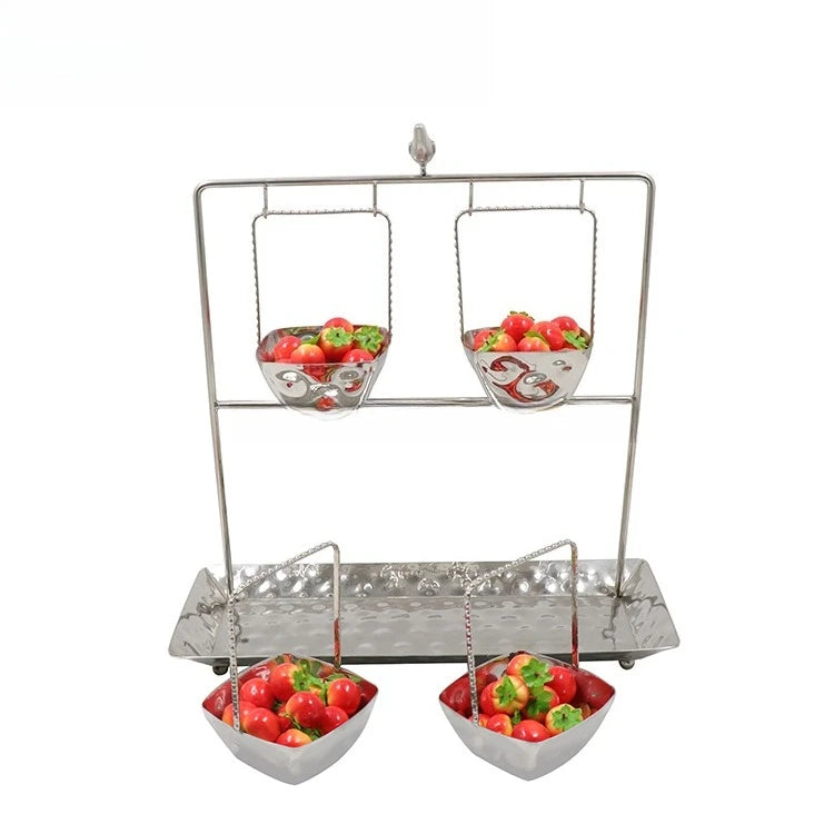 support fruits argenté moderne paniers suspendus plateau texturé décoratif oiseau