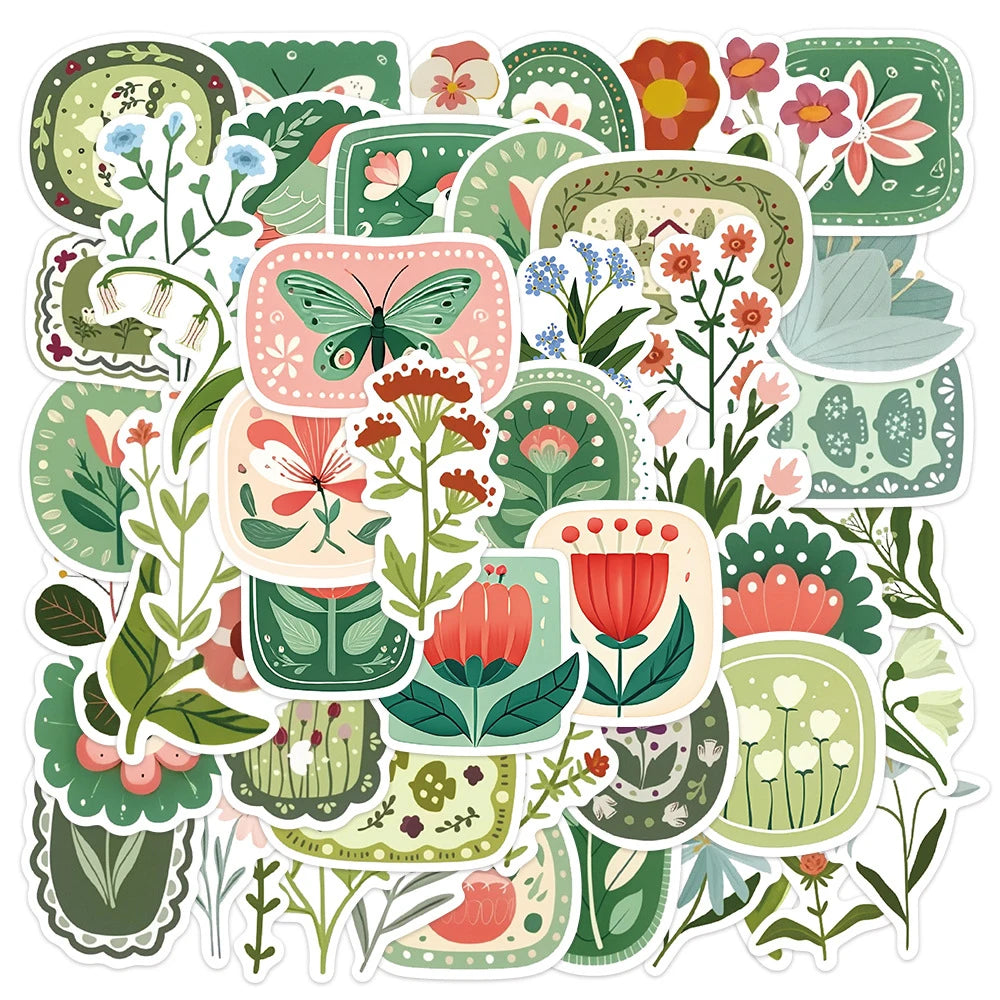 sticker rétro fleurs vertes papillons feuilles géométrique scrapbooking journal bagages illustration adhesive