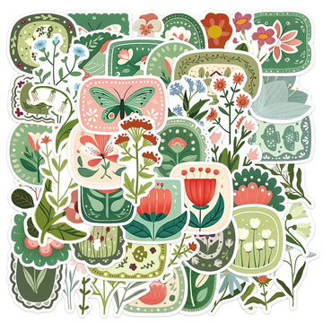 sticker rétro fleurs vertes papillons feuilles géométrique scrapbooking journal bagages illustration adhesive