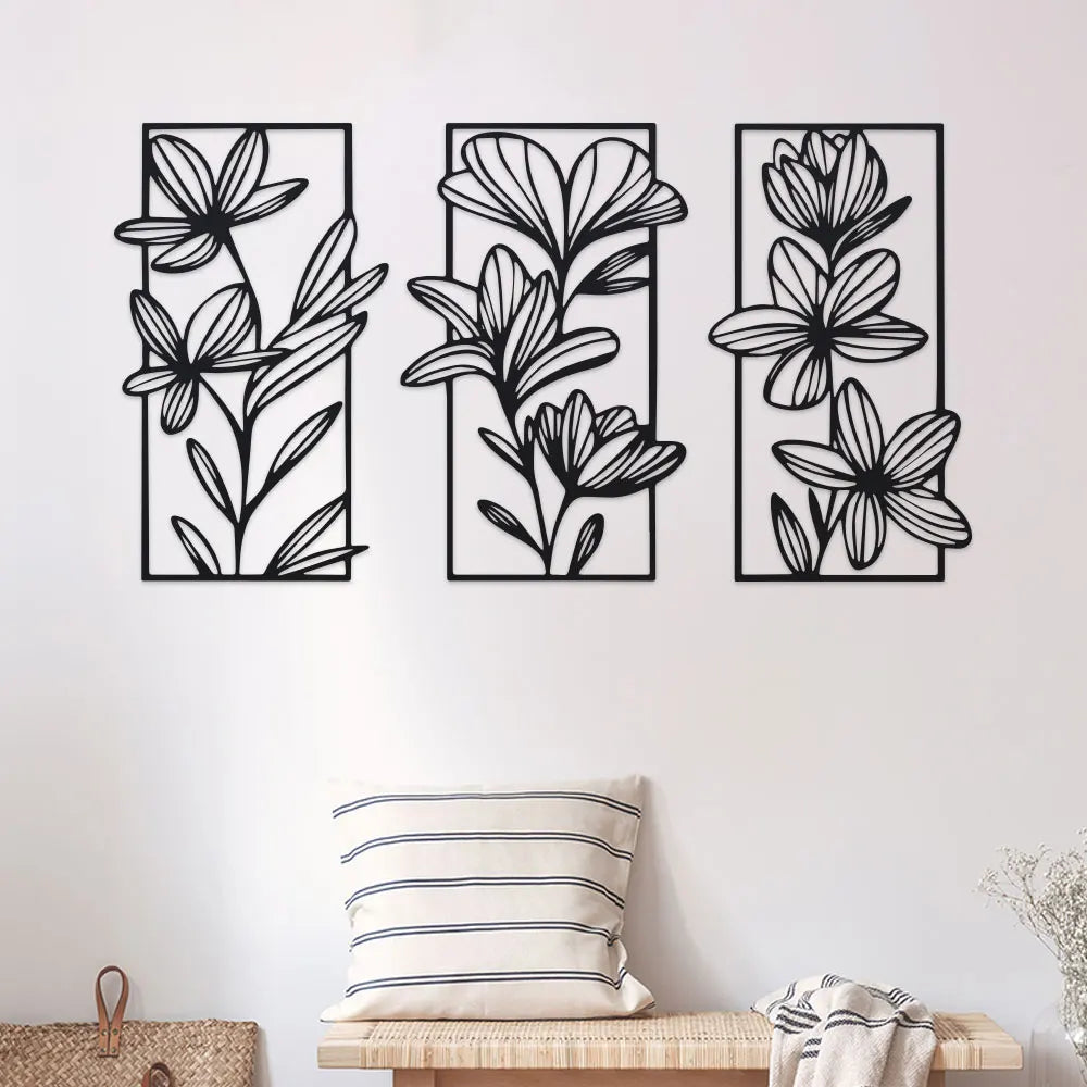 art mural moderne noir fleurs stylisées métal décoration intérieure chambre salon élégant