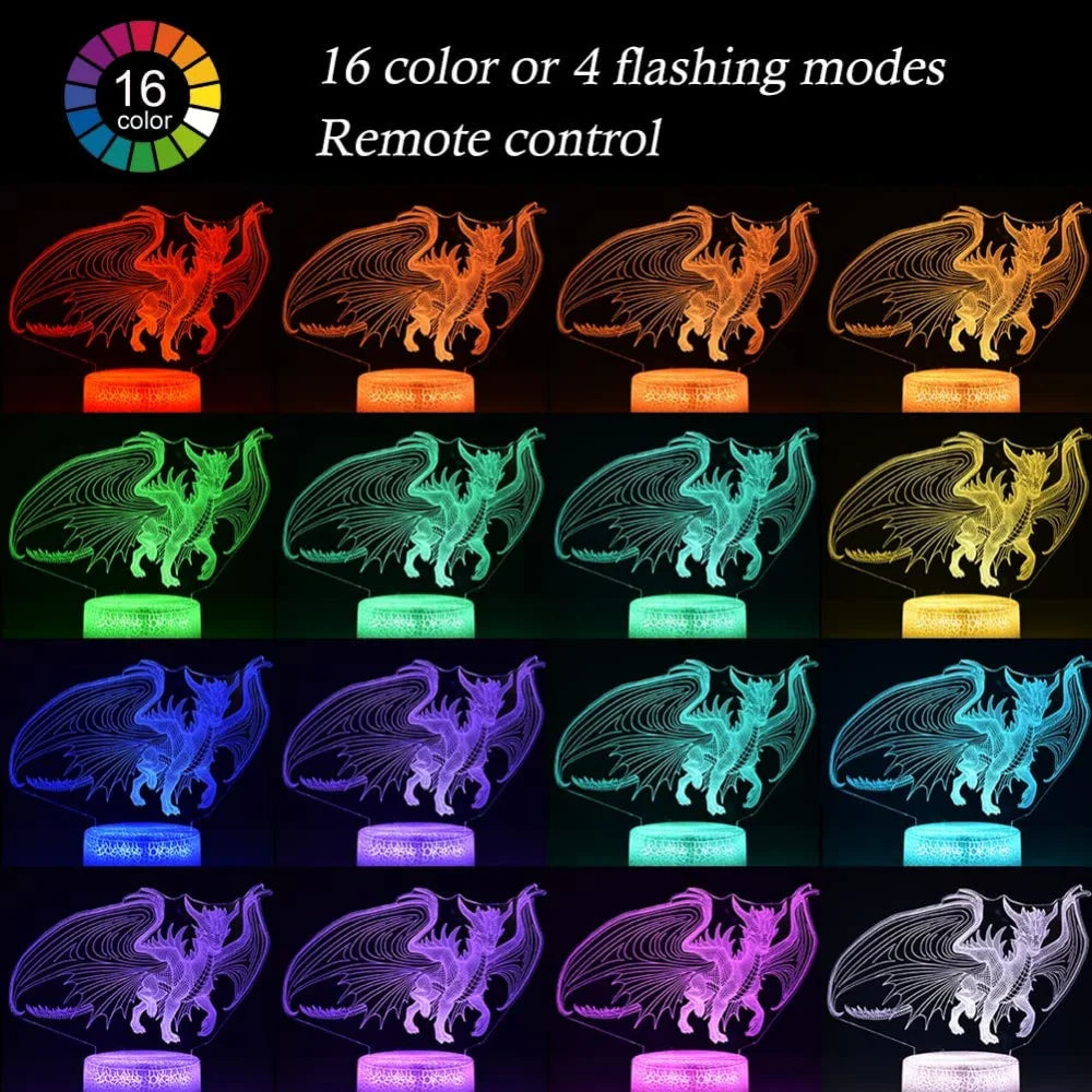 veilleuse dragon 3d acrylique 16 couleurs télécommande éclairage fantaisie moderne chambre enfants
