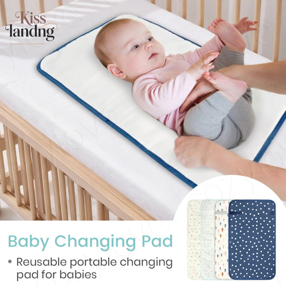 tapis changement bébé bleu marine points blancs moderne pratique imperméable réutilisable portable adhésif fixations