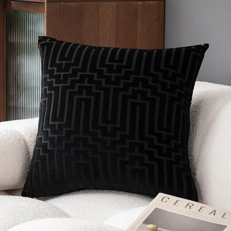 coussin velours géométrique moderne 45x45cm couleur bleu noir gris ornemental