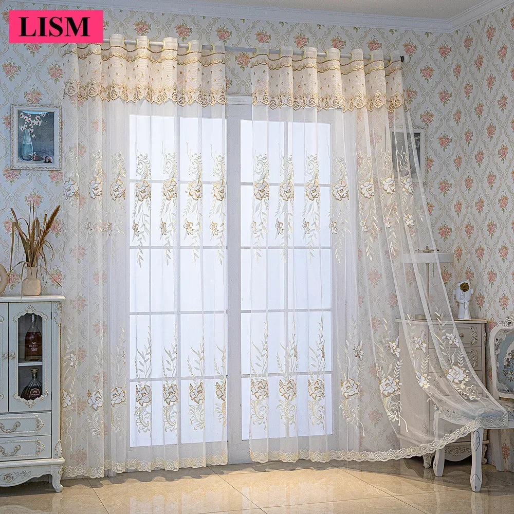 rideau blanc doré fleurs brodées transparent classique anneaux fenêtre salon chambre