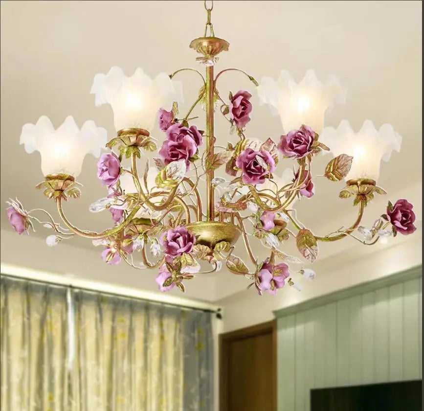 chandelier suspens floral abatjour opaque roses feuilles papierpeint décoratif romantique