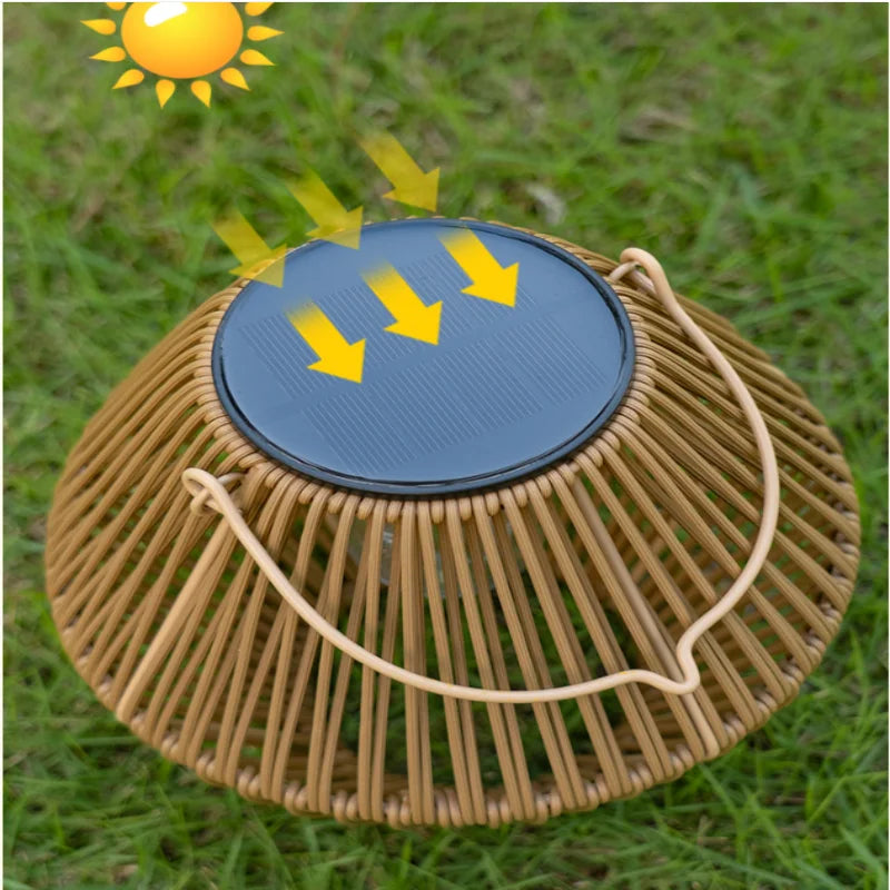 lanterne solaire marron clair tressée bambou rustique extérieur anneau suspension lumière naturelleextérieur