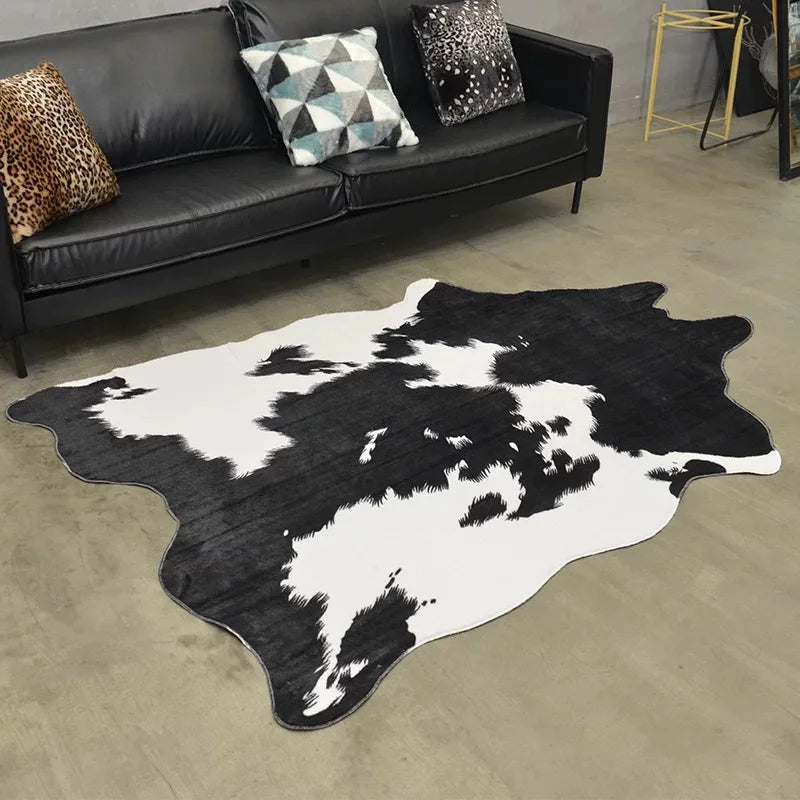 tapis rectangulaire moderne imprimé peau vache noir blanc salon chambre décoration polyester daim