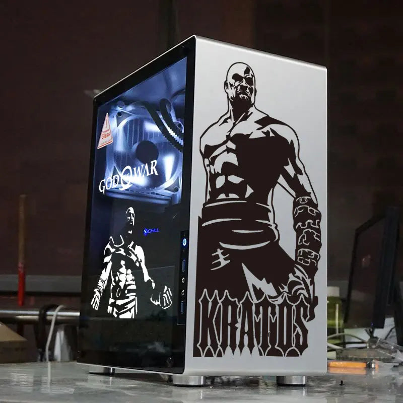autocollants kratos graphique pvc noir blanc décalcomanie boitier pc transparent fenetre