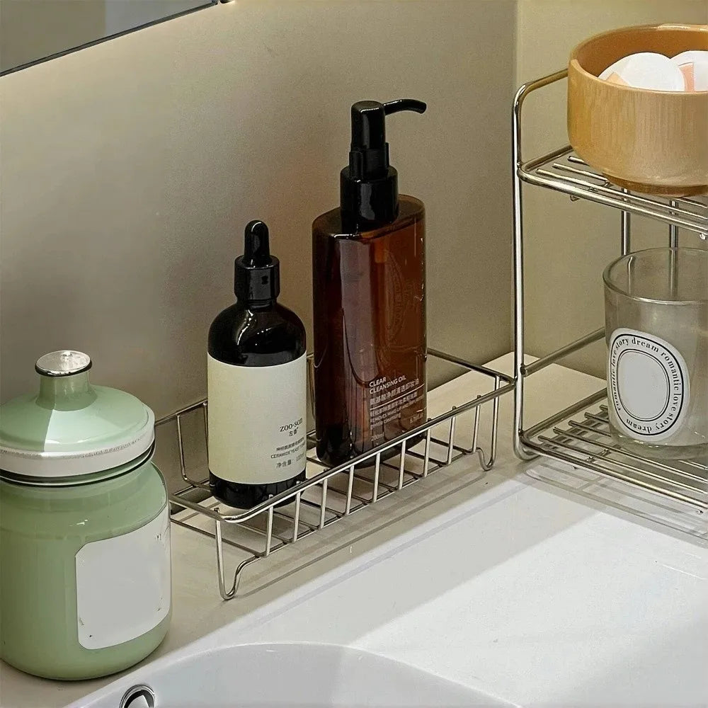 panier grille argenté moderne rangement salle bain élégant sans fixation utilitaire plateau multifonctionnel
