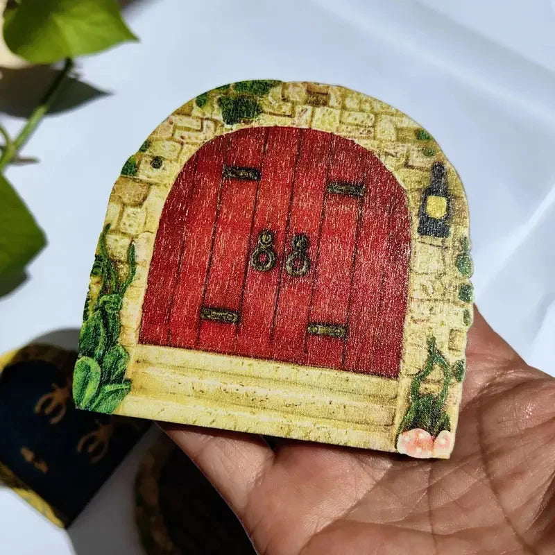 portes décoratives bois fée bleu rouge vert poignées verrou motifs floraux fantaisie enfantine