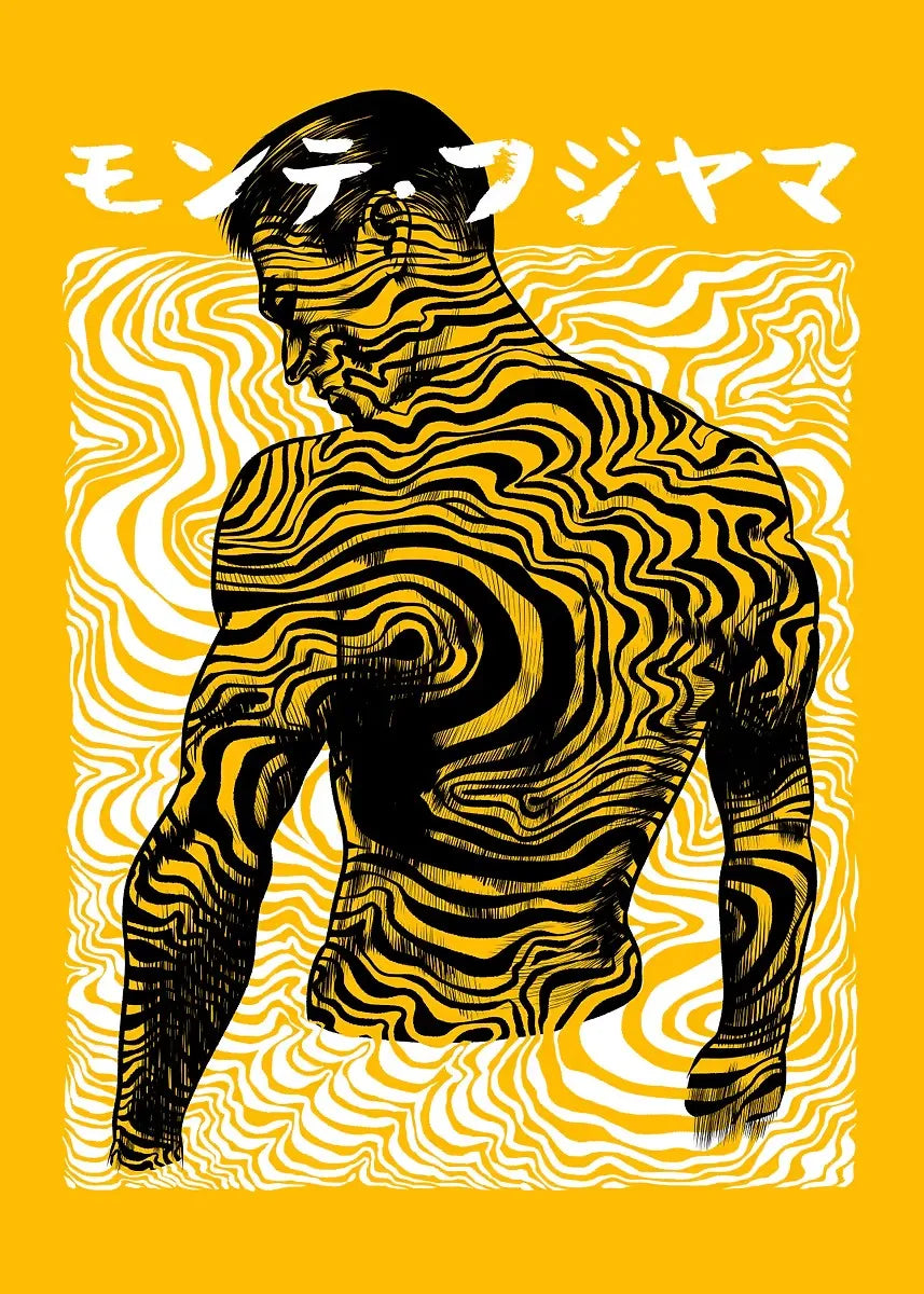 affiche toile tatouée fille jaune gris contemporaine graphique sans cadre decoration salon carré aquarelle