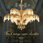 lustre vintage doré feuille palmier cristaux transparents pendentif grande salle