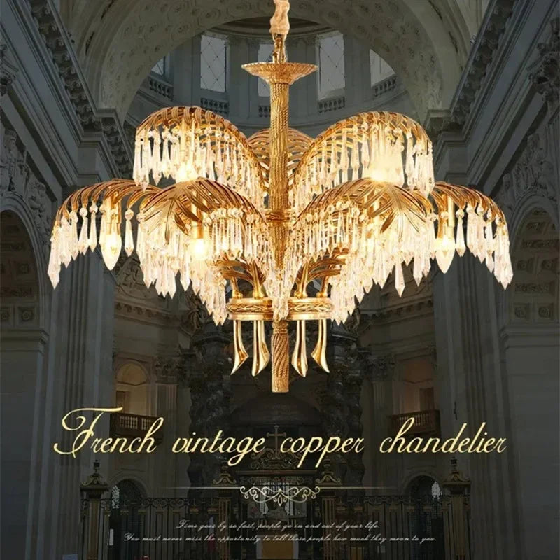lustre vintage doré feuille palmier cristaux transparents pendentif grande salle