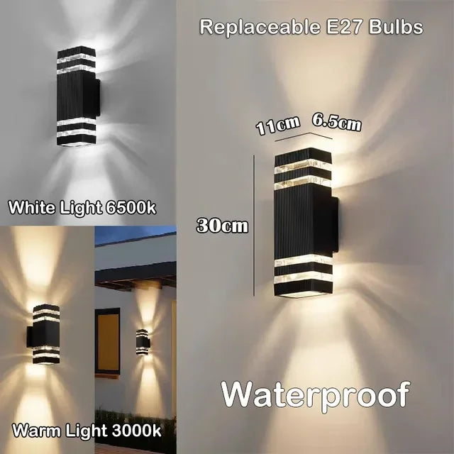 applique murale extérieure led noire moderne rayures blanches deux ampoules e27