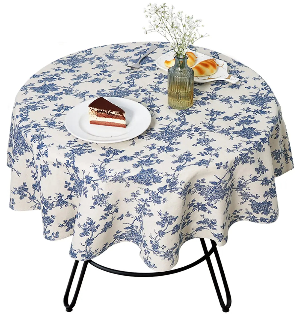 nappe table ronde beige bleue motif fleurs vintage coton lin rustique mariage fête