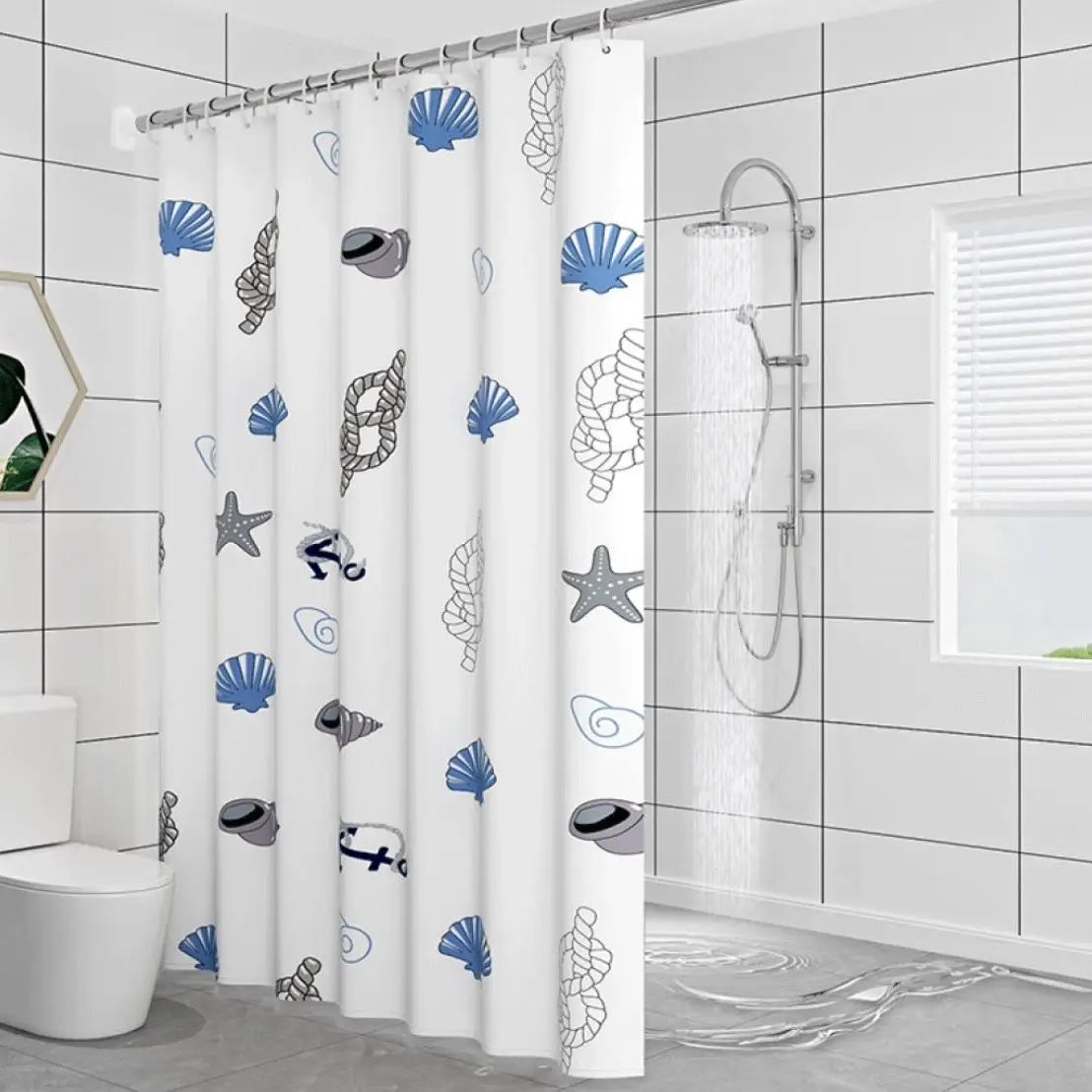 rideau douche moderne motif marin coquilles étoiles mer blanc bleu gris
