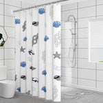 rideau douche moderne motif marin coquilles étoiles mer blanc bleu gris