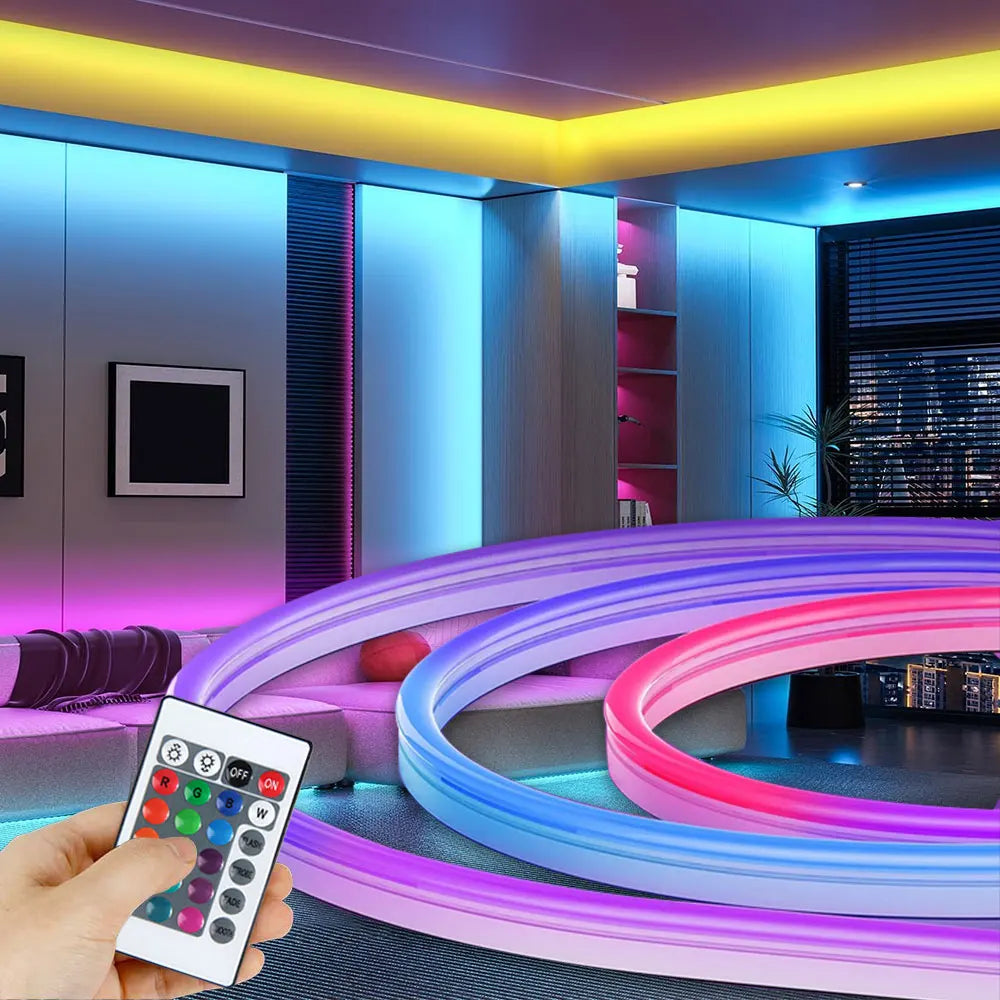ruban led néon bleu rose blanc controle telecommande decoration moderne salon clips muraux