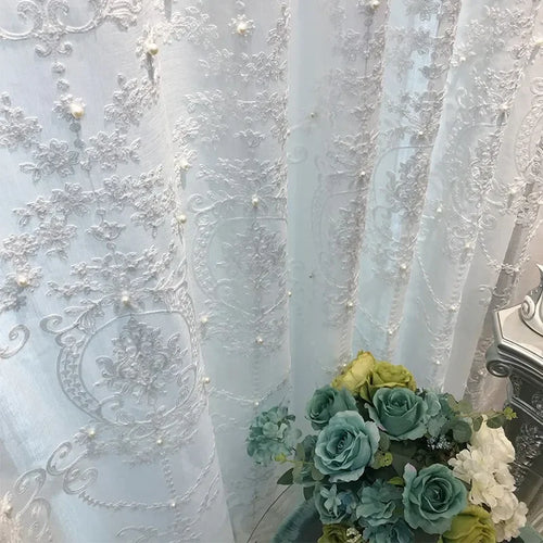 rideau blanc classique broderie fleurs artificielles semi opaque fenêtre salon chambre maison luxe