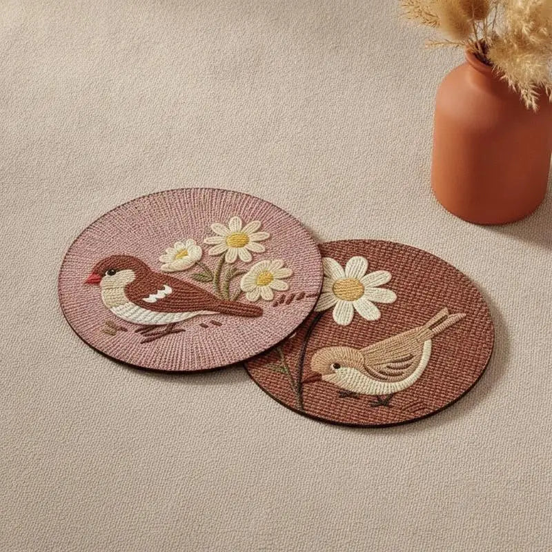 tapis protection tasses rose marron oiseaux fleurs brodés traditionnel artisanal coton polyester