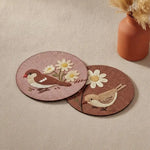 tapis protection tasses rose marron oiseaux fleurs brodés traditionnel artisanal coton polyester