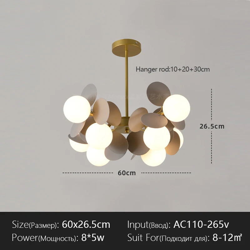 suspension lumineuse moderne multicolore boules translucides branches métalliques led salon chambre